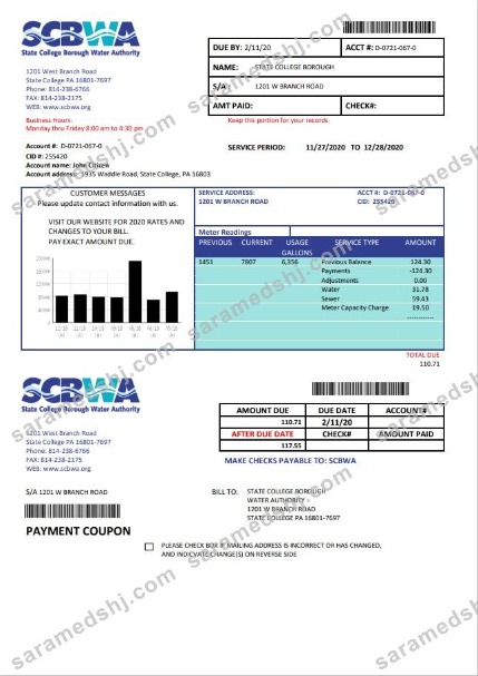 USA Pennsylvania SCBWA water utility bill template in Word and PDF format